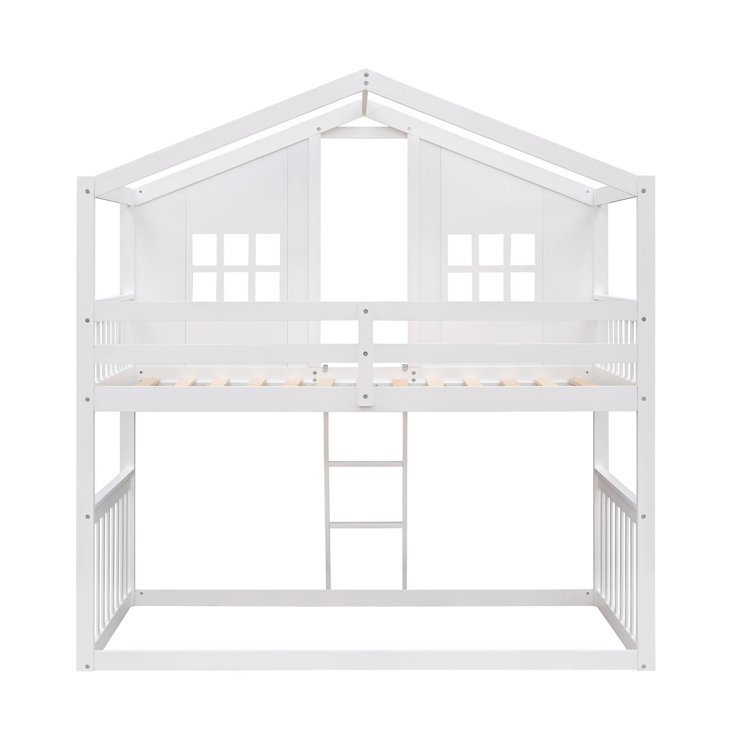 Twin Over Twin House Bunk Bed With Ladder, Wood Bed-White