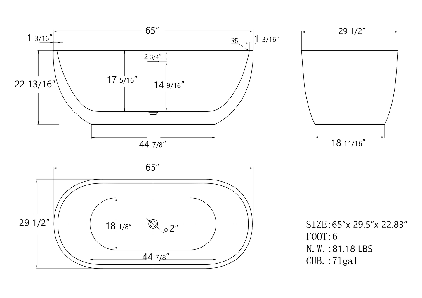 65" Acrylic Free Standing Tub - Classic Oval Shape Soaking Tub, Adjustable Freestanding Bathtub with Integrated Slotted Overflow and Chrome Pop-up Drain Anti-clogging Black