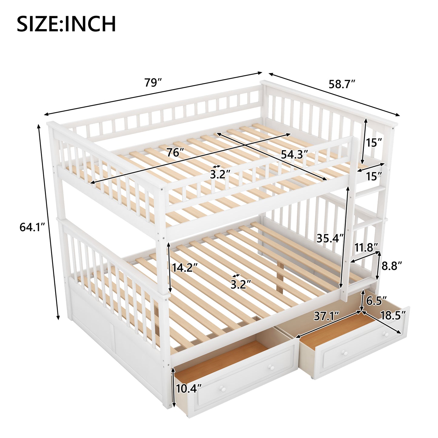 Full over Full Bunk Bed with Drawers, Convertible Beds, White(OLD SKU:SM000241AAK)