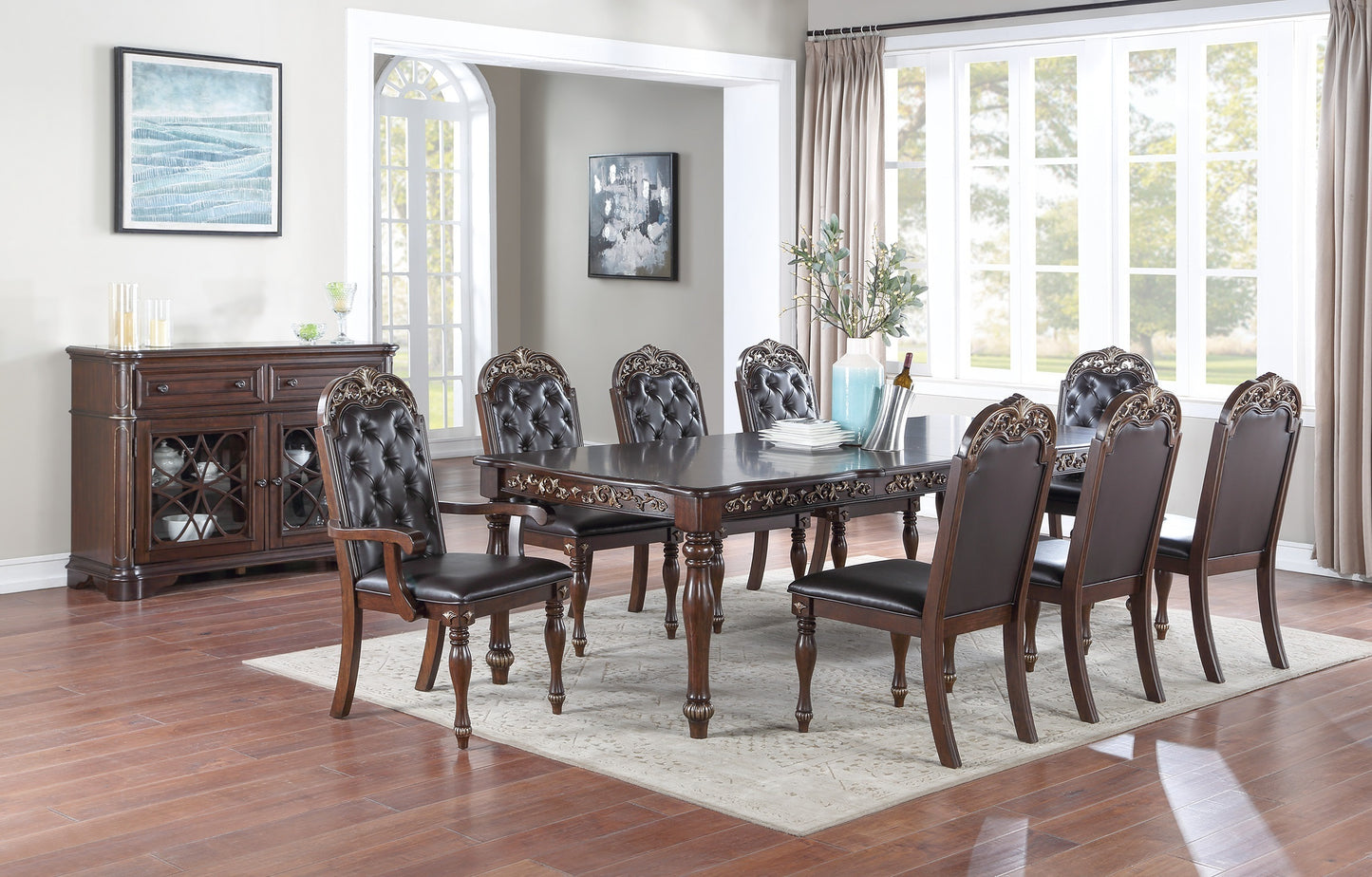Formal 1pc Dining Table w 2x Leaves Only Brown Finish Antique Design Rubberwood Large Family Dining Room Furniture