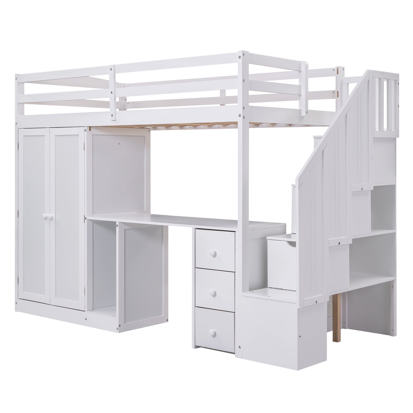 Twin Size Loft Bed with Wardrobe and Staircase, Desk and Storage Drawers and Cabinet in 1, White