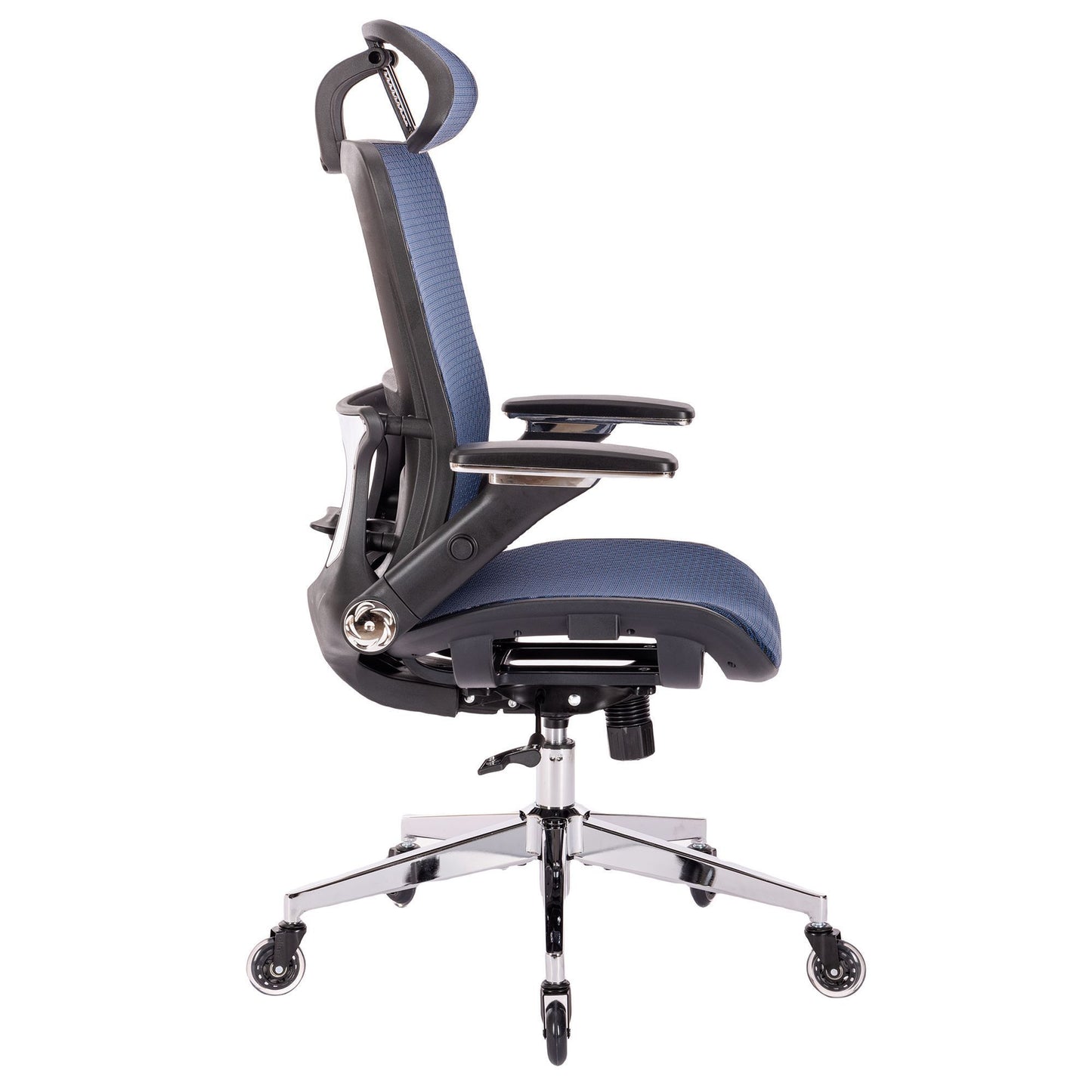 BLUE Ergonomic Mesh Office Chair, High Back - Adjustable Headrest with Flip-Up Arms, Tilt and lock Function, Lumbar Support and blade Wheels, KD chrome metal legs