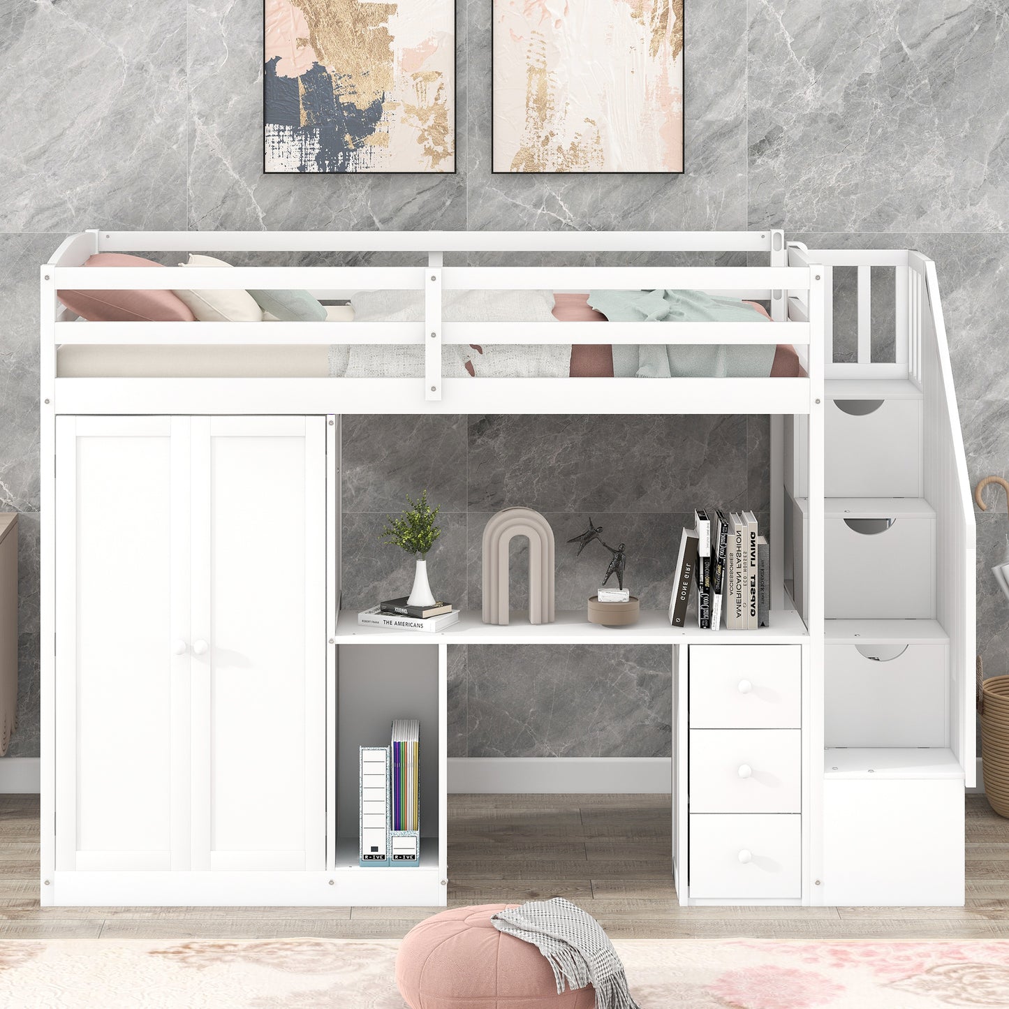 Twin Size Loft Bed with Wardrobe and Staircase, Desk and Storage Drawers and Cabinet in 1, White