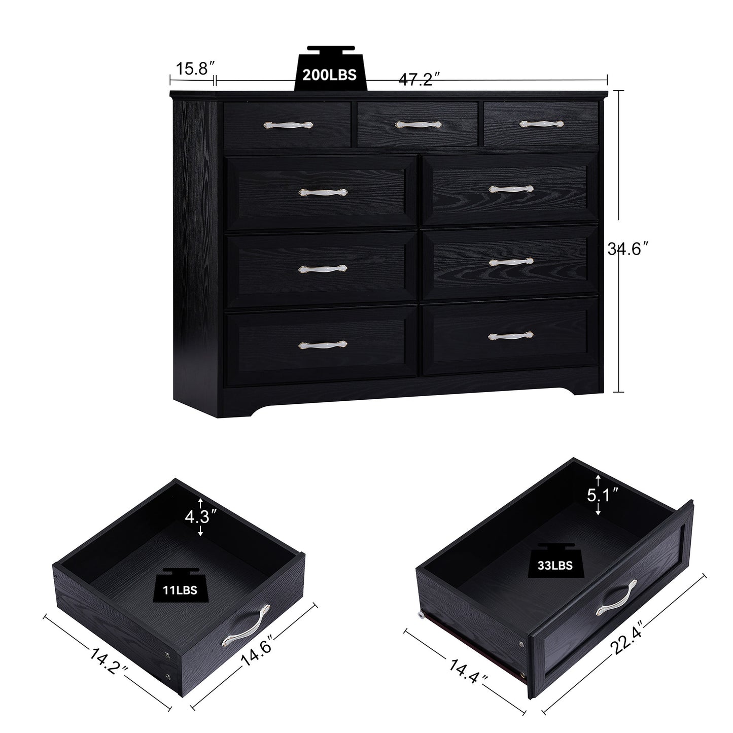 Bedroom dresser, 9 drawer long dresser with antique handles, wood chest of drawers for kids room, living room, entry and hallway, Black, 47.2'' W x 15.8'' D x 34.6'' H.