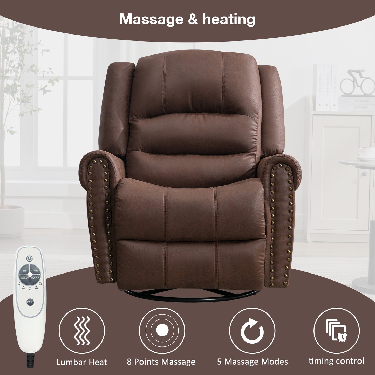 Massage Rocker Recliner Chair Rocking Chairs for Adults Oversized with USB Charge Port Soft Features a Manual Massage and Heat.BROWN