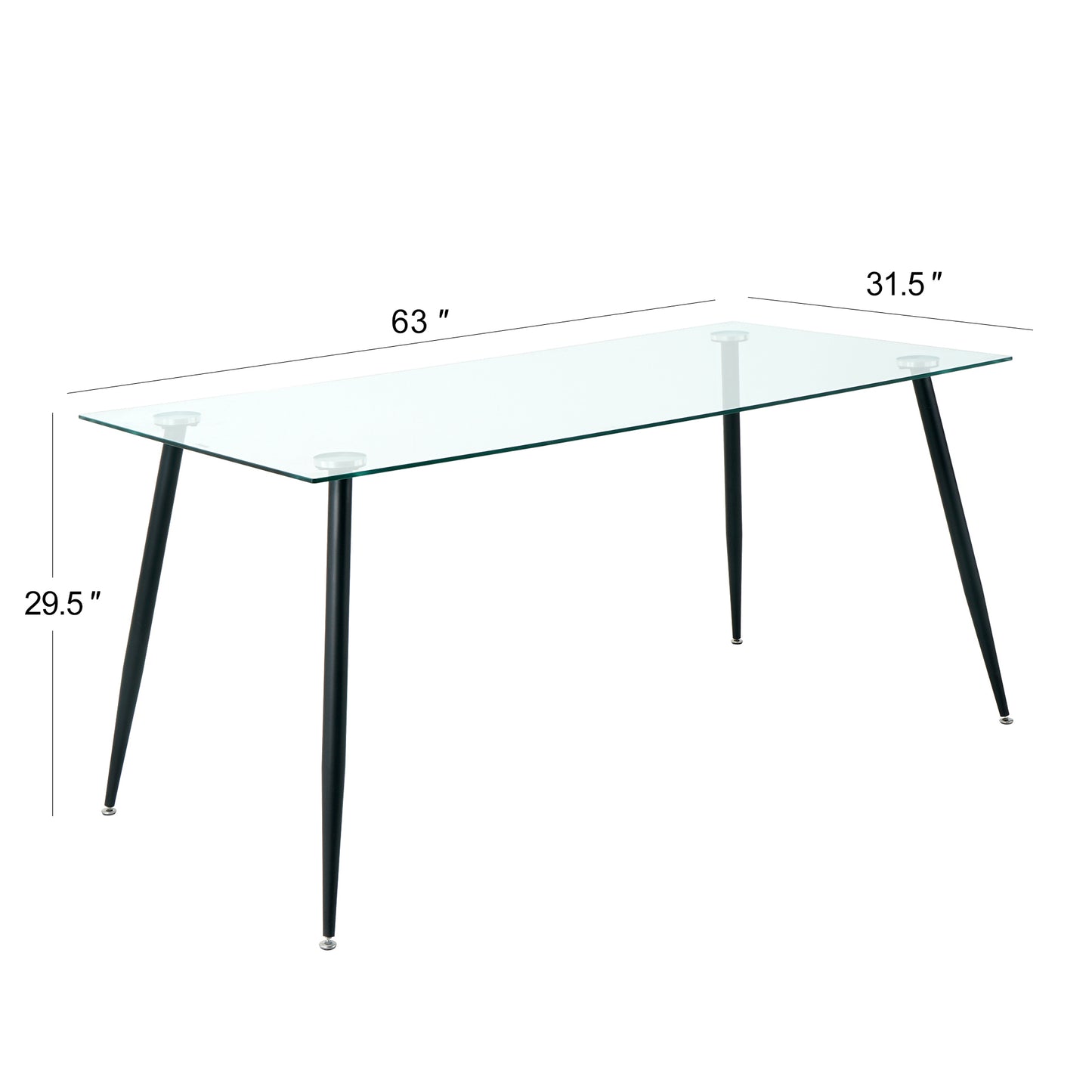 Modern Kitchen Glass dining table 63" Rectangular  Tempered Glass Table top,Clear Dining Table Metal Legs, Black legs(set of 1)