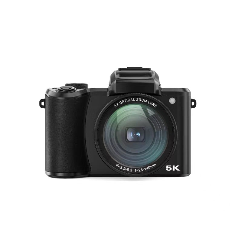 Black digital camera with 5K label on a white background