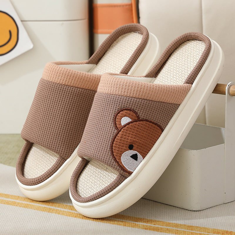 Cute Cartoon Bear Linen Slippers For Women Indoor Non-slip Sweat-absorbent Breathable Slip On Floor Bedroom Slipper House Shoes. Raee-Industries.