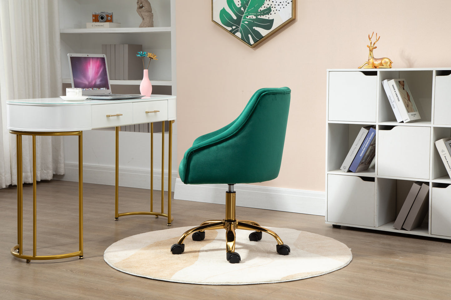 Velvet Office Swivel Chair, Vanity Chair, Fabric Desk Chair, Pretty Fancy Chair, Gold Office Chair for Girls, 360°Swivel Height Adjustable Reception Chair, Green