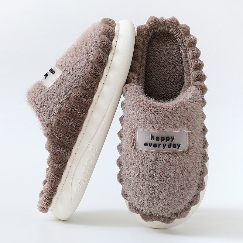 Home Slippers For Men Thick-soled Color-block Letters Fluffy Fleece House Shoes Winter Indoor Warm Slip On Floor Bedroom Slipper. Raee-Industries