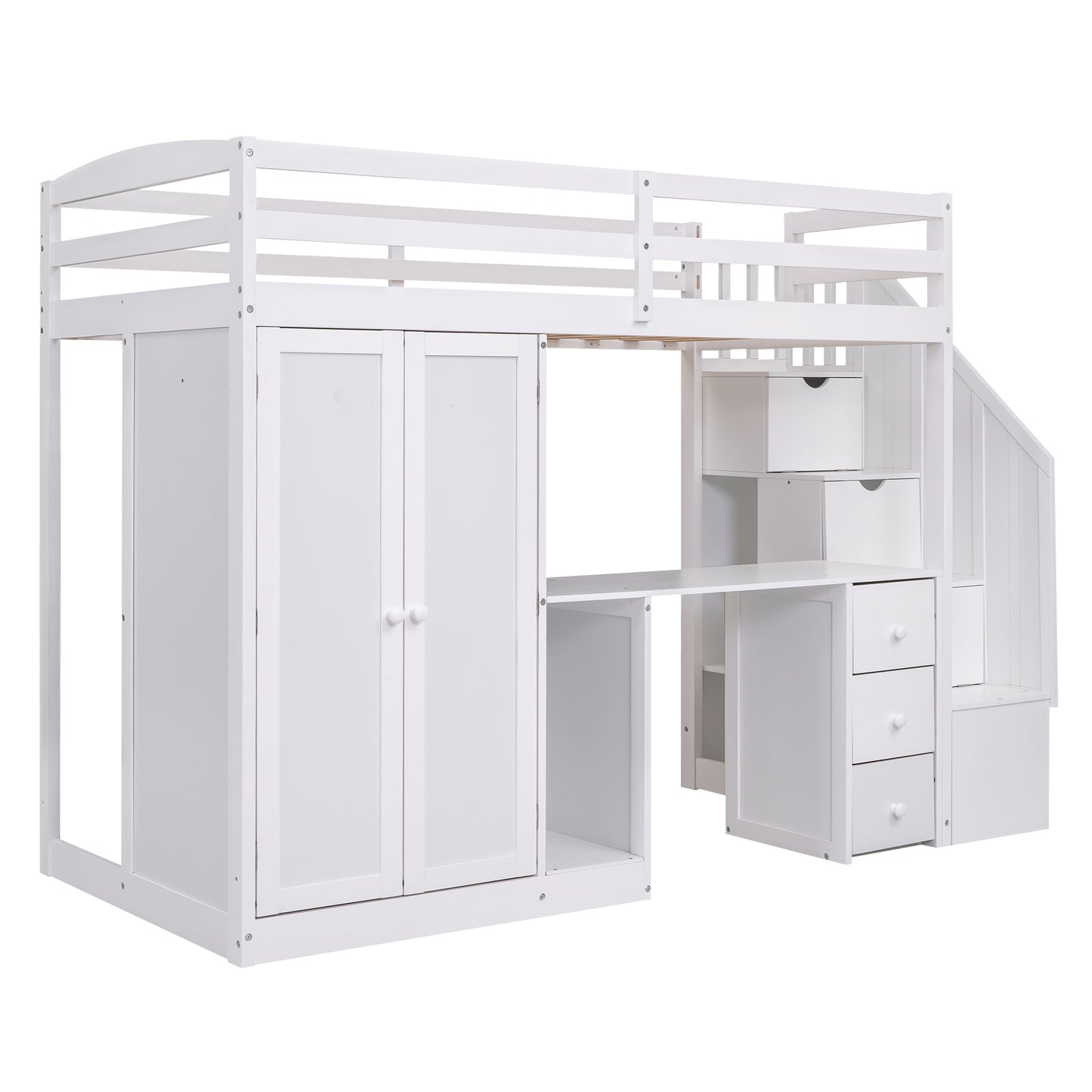 Twin Size Loft Bed with Wardrobe and Staircase, Desk and Storage Drawers and Cabinet in 1, White