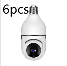 Six white security cameras shaped like light bulbs on a white background
