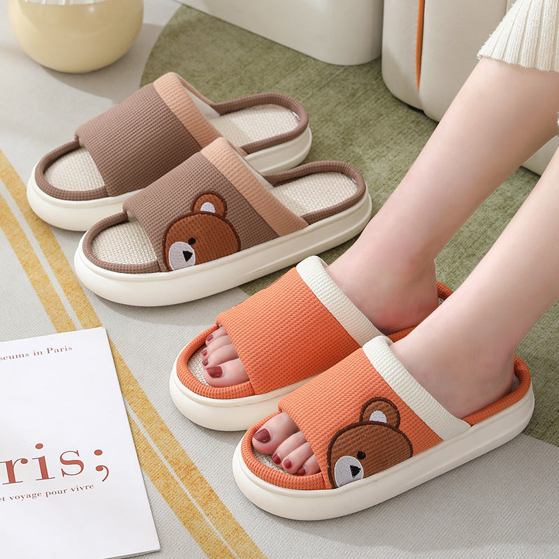 Cute Cartoon Bear Linen Slippers For Women Indoor Non-slip Sweat-absorbent Breathable Slip On Floor Bedroom Slipper House Shoes. Raee-Industries.