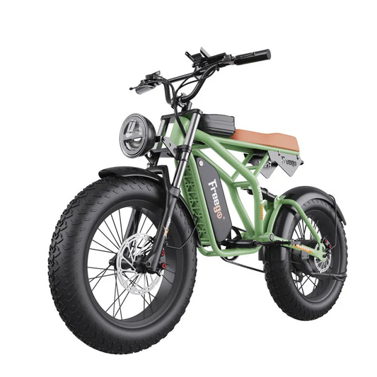 Green electric bike with large wheels on a white background. road e-bike for sale online. Raee Industries 