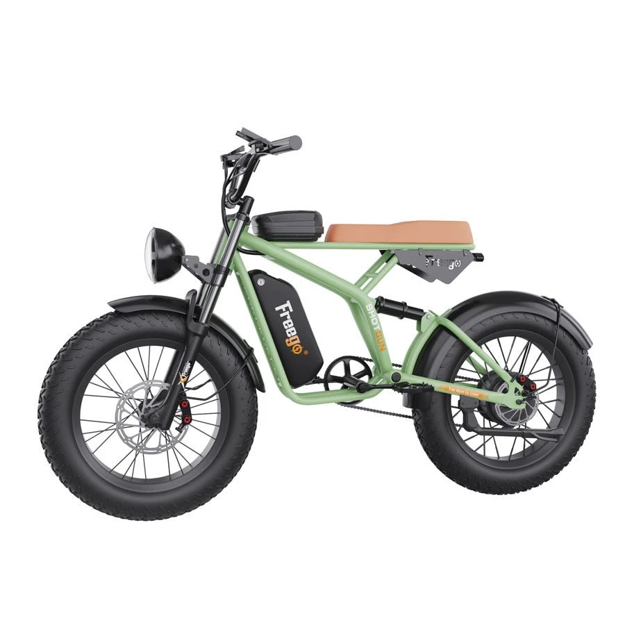 Green electric bike with a brown seat on a white background