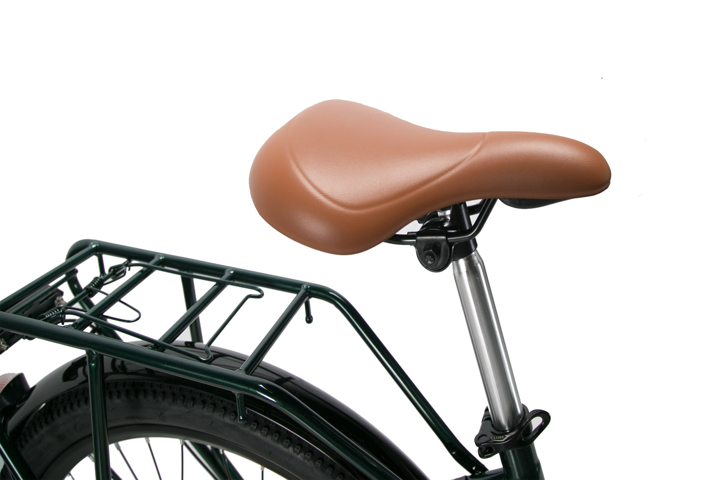 Brown bicycle seat on a white background. stealthy e-bike with hidden battery, best carbon fiber e-bike under $2500. Raee Industries 