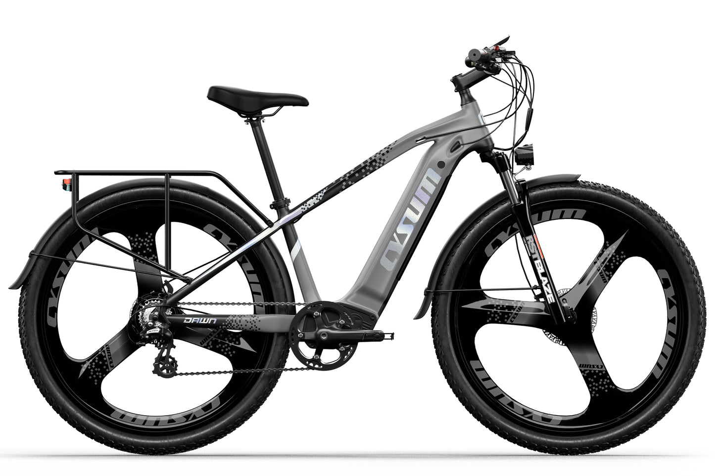 Electric bike with a gray frame and black tires on a white background