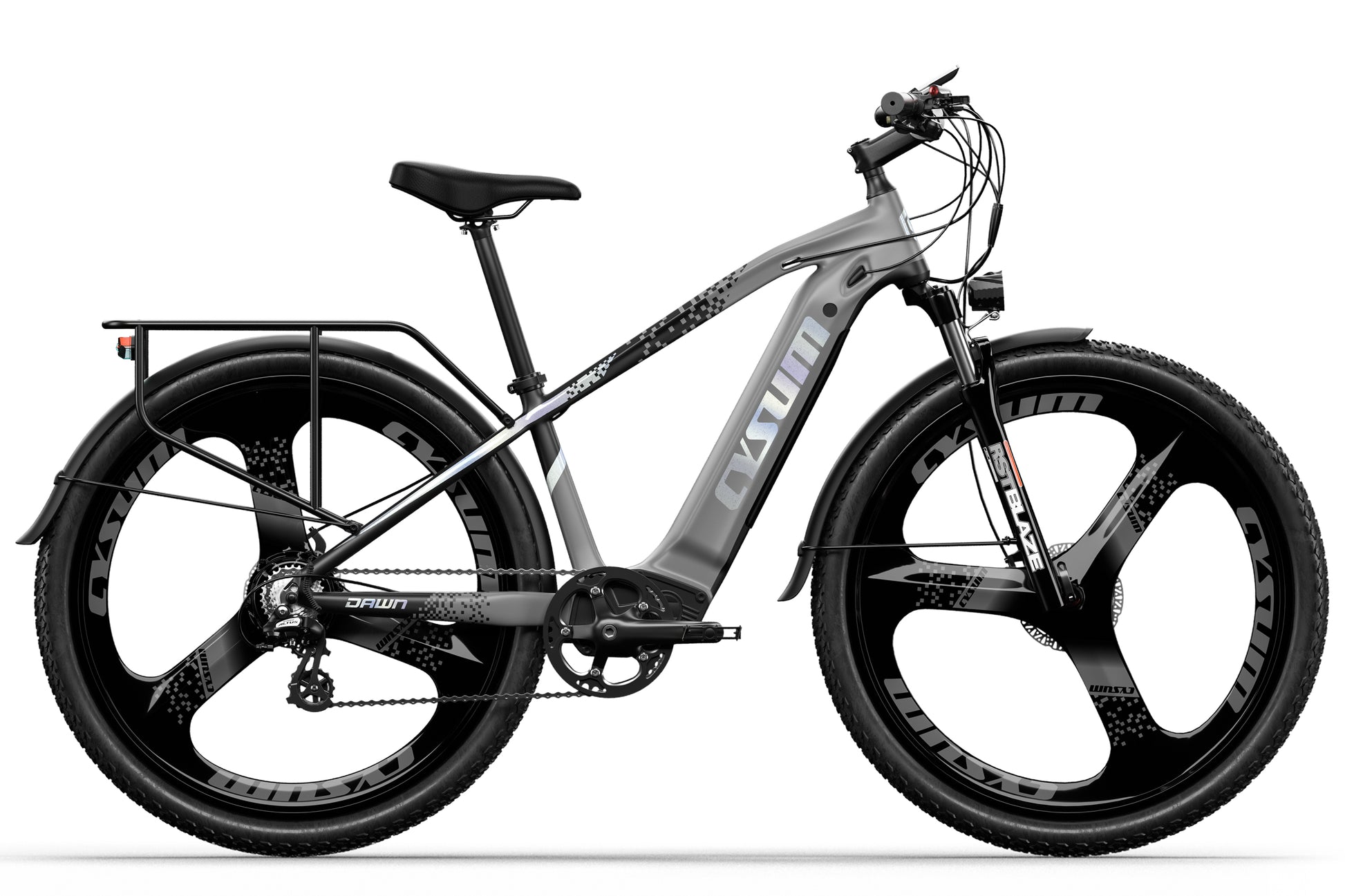 Electric bike with a gray frame and black tires on a white background