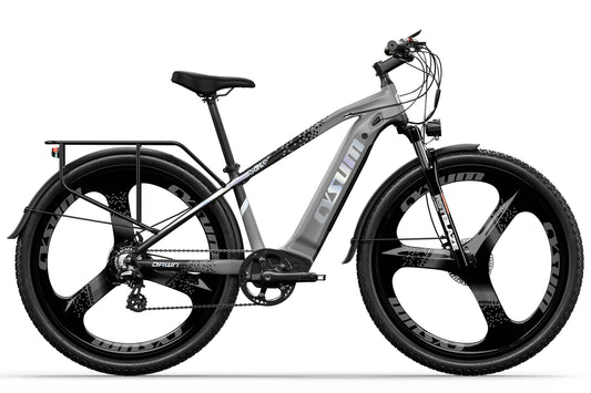 Electric bike with a gray frame and black tires on a white background