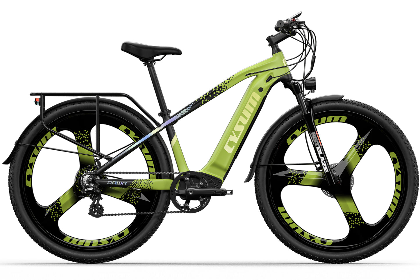 Green electric bicycle with black accents on a white background