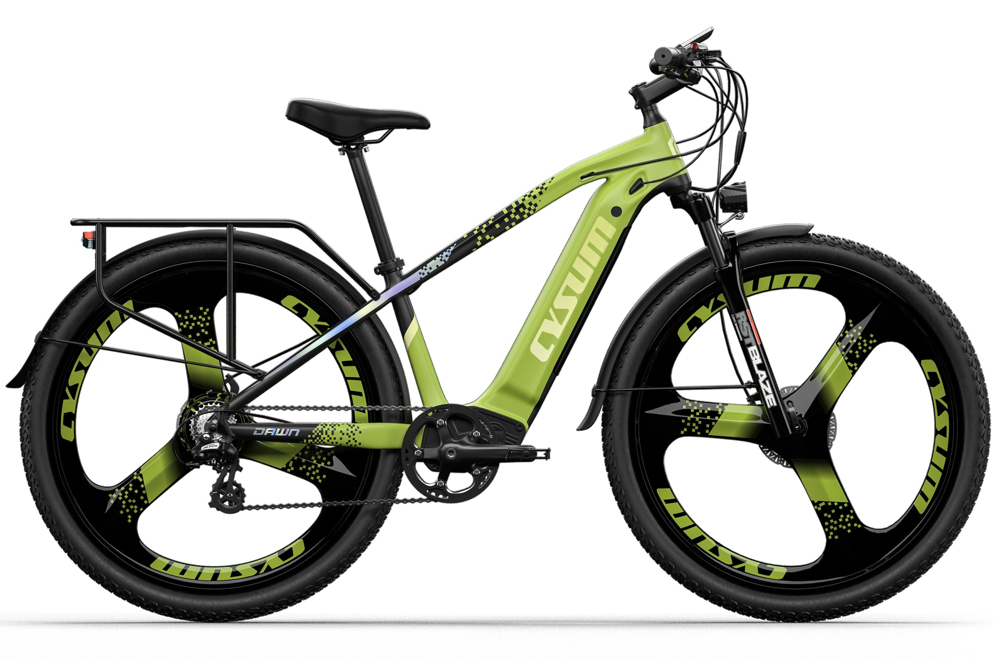 Green electric bicycle with black accents on a white background