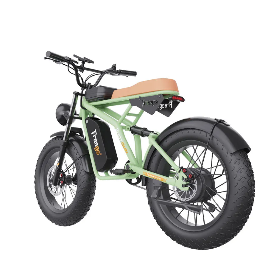 Green electric bike with a brown seat on a white background