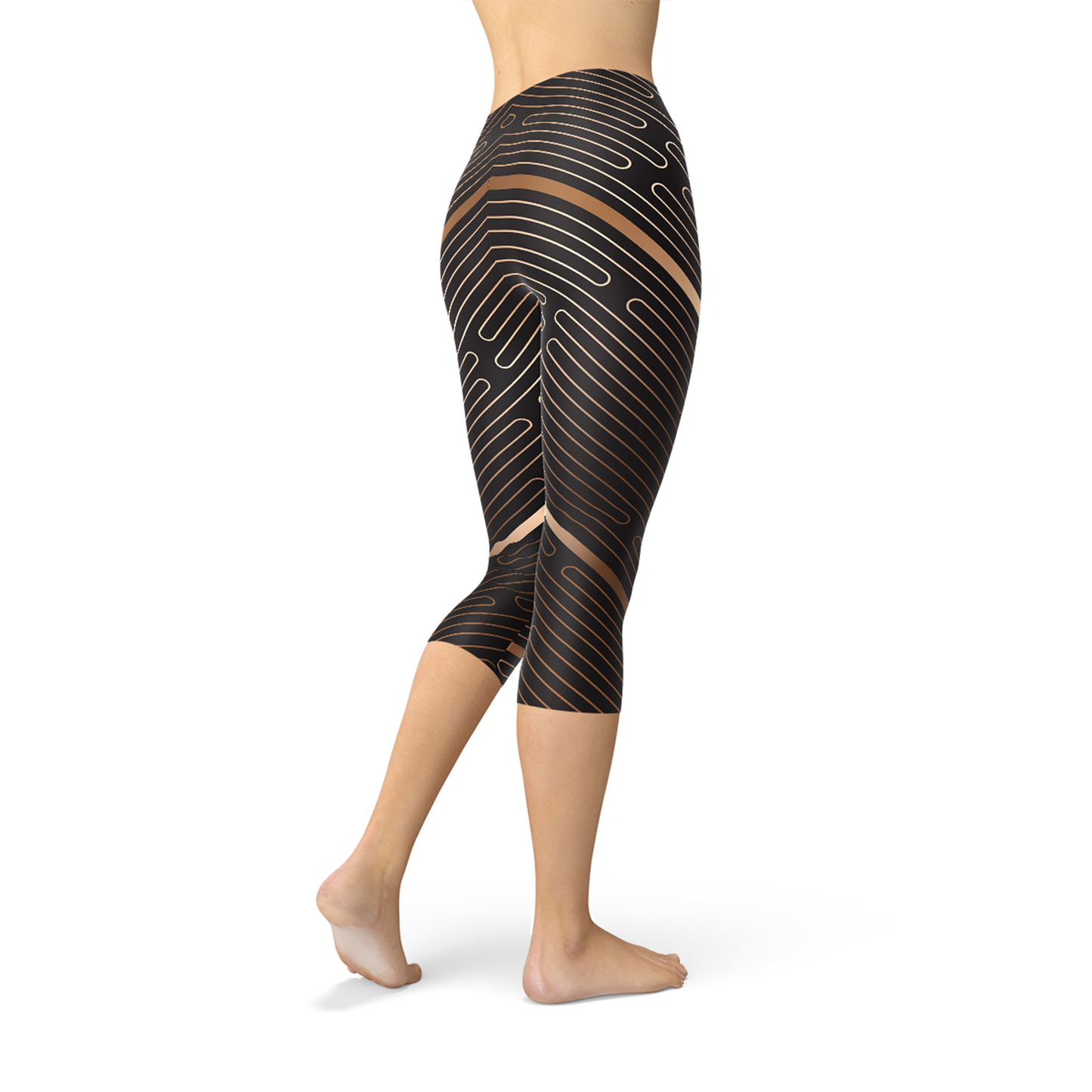 Womens Striped Lines Sports Brown Capri Leggings