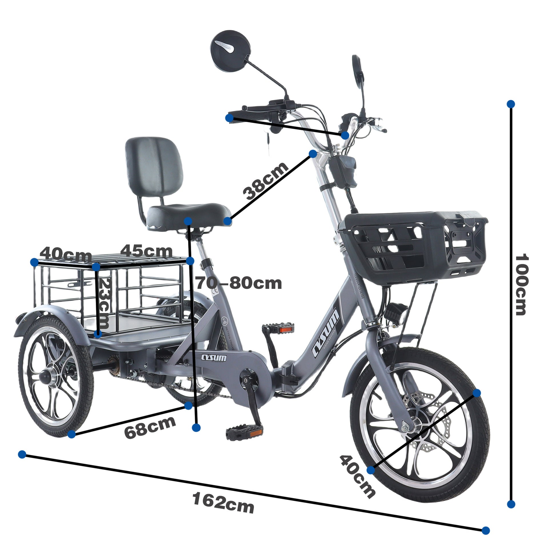 Measurement chart of a three-wheeled bike with dimensions labeled.