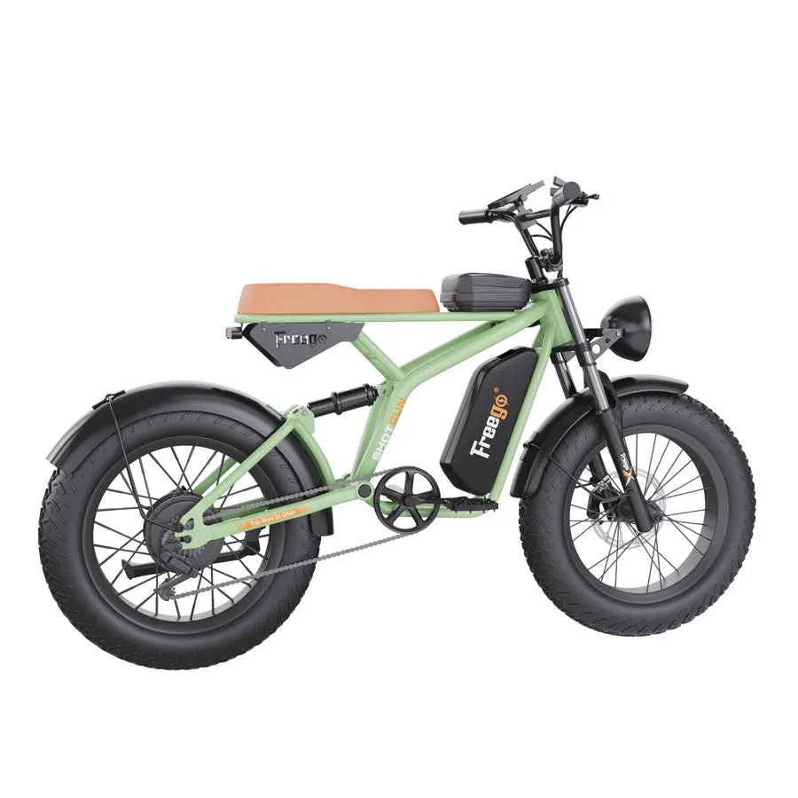 Green electric bike with a wooden seat on a white background. stealthy e-bike with hidden battery