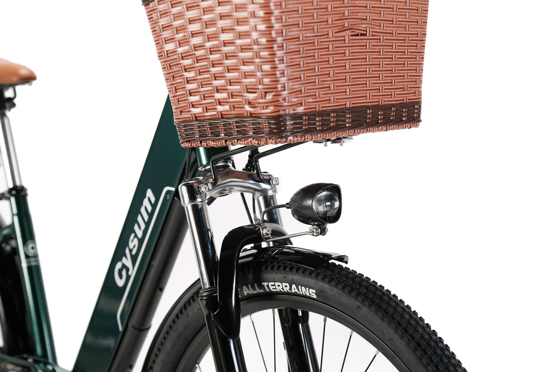 Bicycle with a brown wicker basket on a white background