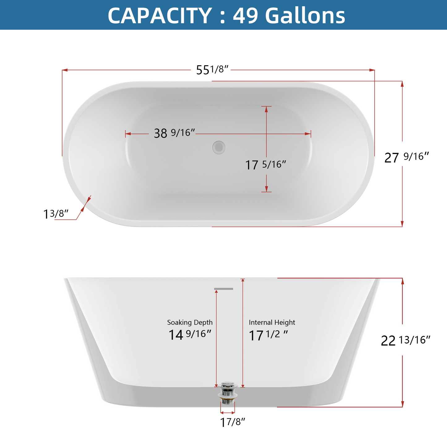 55" Acrylic Free Standing Tub - Classic Oval Shape Soaking Tub, Adjustable Freestanding Bathtub with Integrated Slotted Overflow and Chrome Pop-up Drain Anti-clogging Gloss White