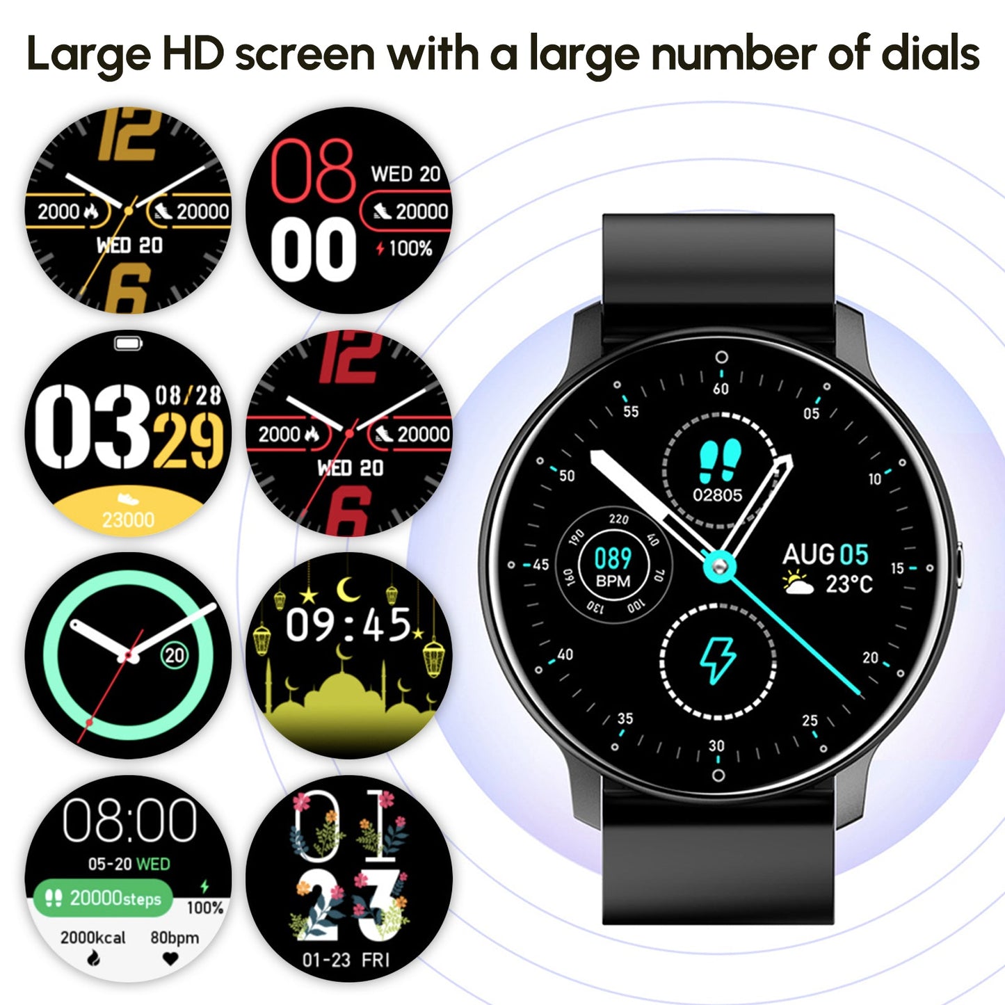 Smartwatch with various display faces on a white background