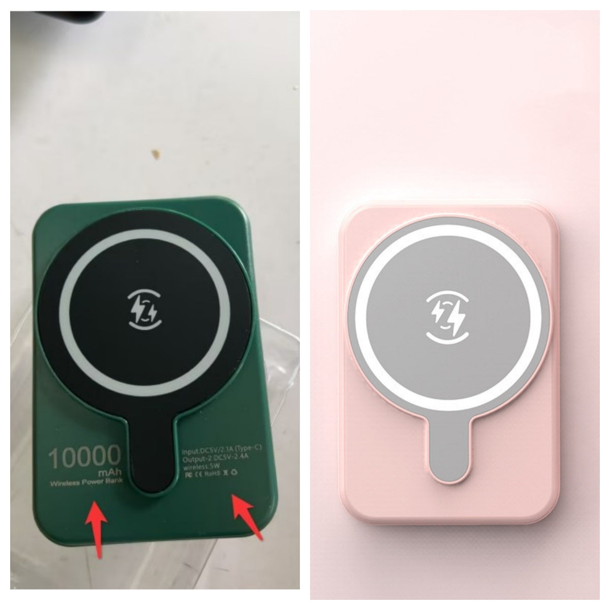 Two wireless power banks, one green and one pink, with charging symbols on a white background.