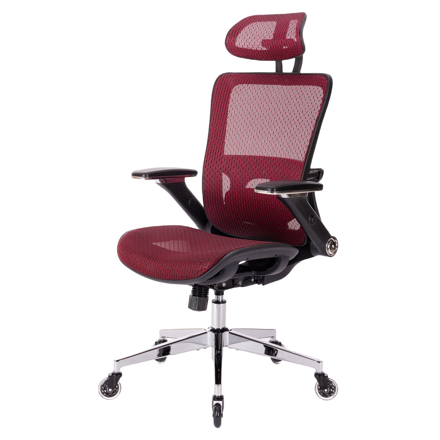 RED Ergonomic Mesh Office Chair, High Back - Adjustable Headrest with Flip-Up Arms, Tilt and lock Function, Lumbar Support and blade Wheels, KD chrome metal legs