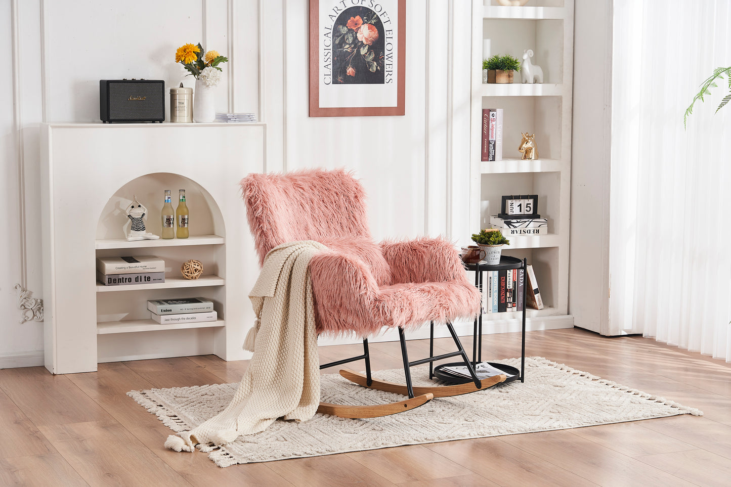 Rocking Chair Nursery, Solid Wood Legs Reading Chair with Lazy plush Upholstered and Waist Pillow, Nap Armchair for Living Rooms, Bedrooms, Offices, Best Gift,Pink