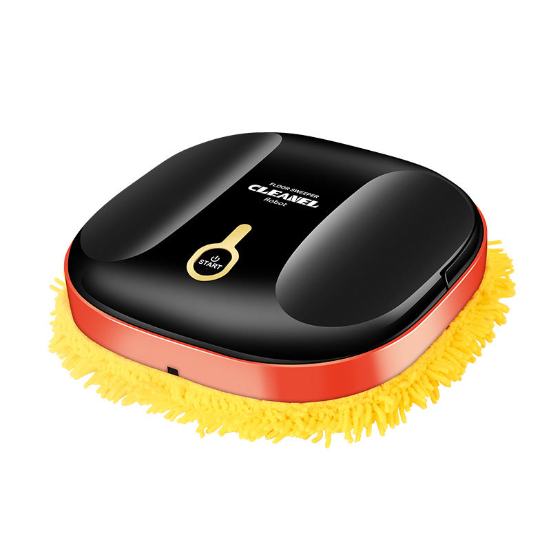 Robotic cleaning device with black, red, and yellow design on a white background