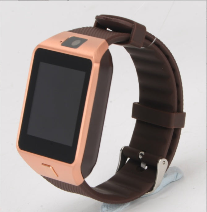 Smartwatch with a brown strap on a light gray background