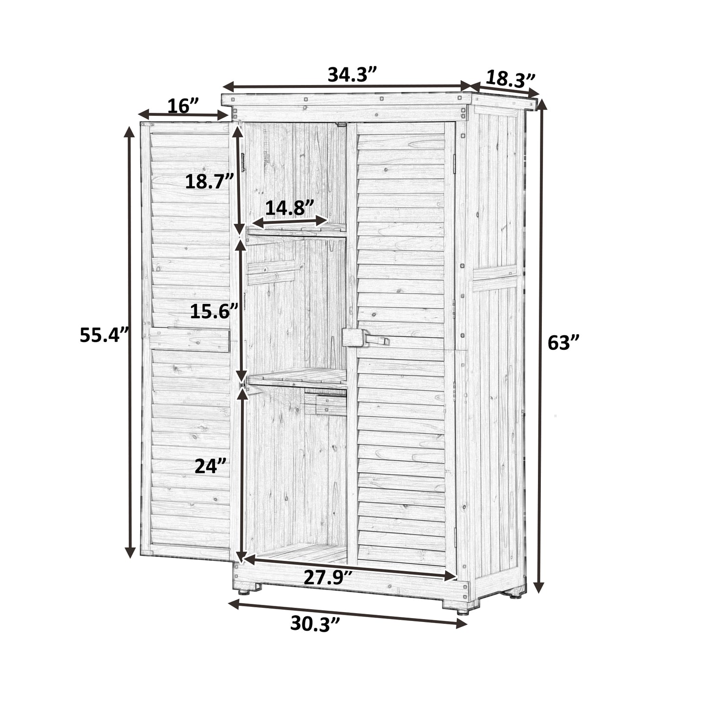 TOPMAX Wooden Garden Shed 3-tier Patio Storage Cabinet Outdoor Organizer Wooden Lockers with Fir Wood (Gray Wood Color -Shutter Design)