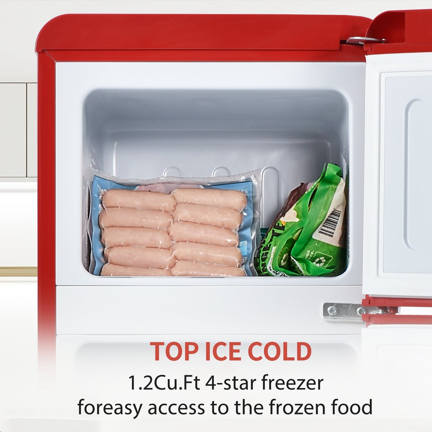 4.5 cu. ft. Dual Zone Refrigerator, 3.3 Fridge + 1.2 cu. ft. 4-Star Freezer, 7 Temperature Settings, 45 dB, Red, Silver Handles, LED Lighting, Adjustable Shelves, 16.69" x 17.52" x 40.08"