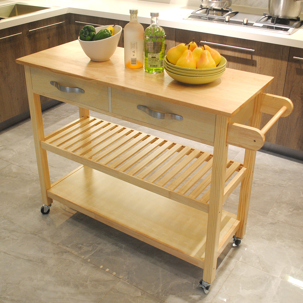 Kitchen Island & Kitchen Cart, Mobile Kitchen Island with Two Lockable Wheels, Rubber Wood Top, Simple Design & Natural Color Give More Imagination of Party Scene.