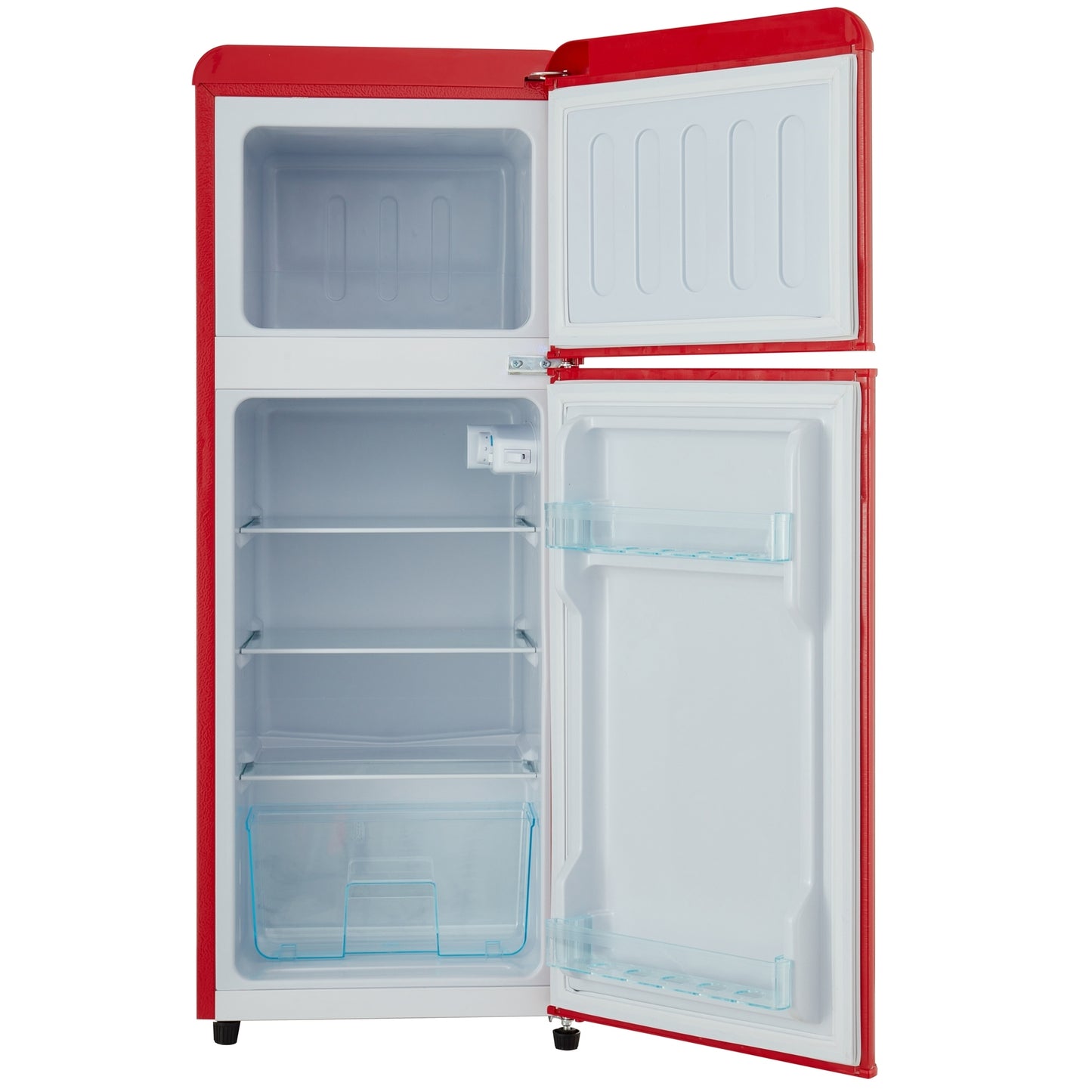 4.5 cu. ft. Dual Zone Refrigerator, 3.3 Fridge + 1.2 cu. ft. 4-Star Freezer, 7 Temperature Settings, 45 dB, Red, Silver Handles, LED Lighting, Adjustable Shelves, 16.69" x 17.52" x 40.08"