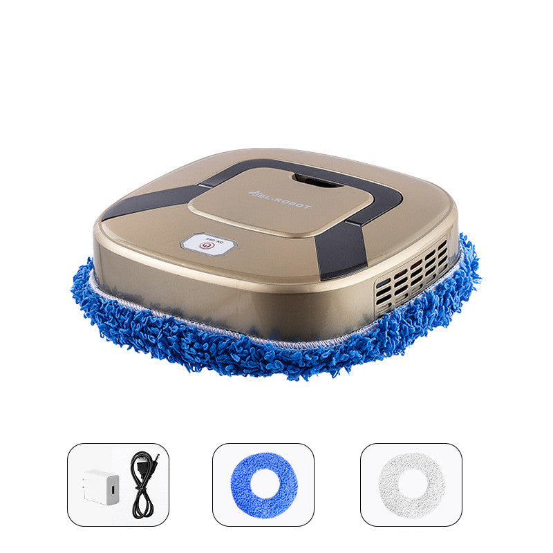 Robotic floor cleaner with blue cleaning pad on a white background