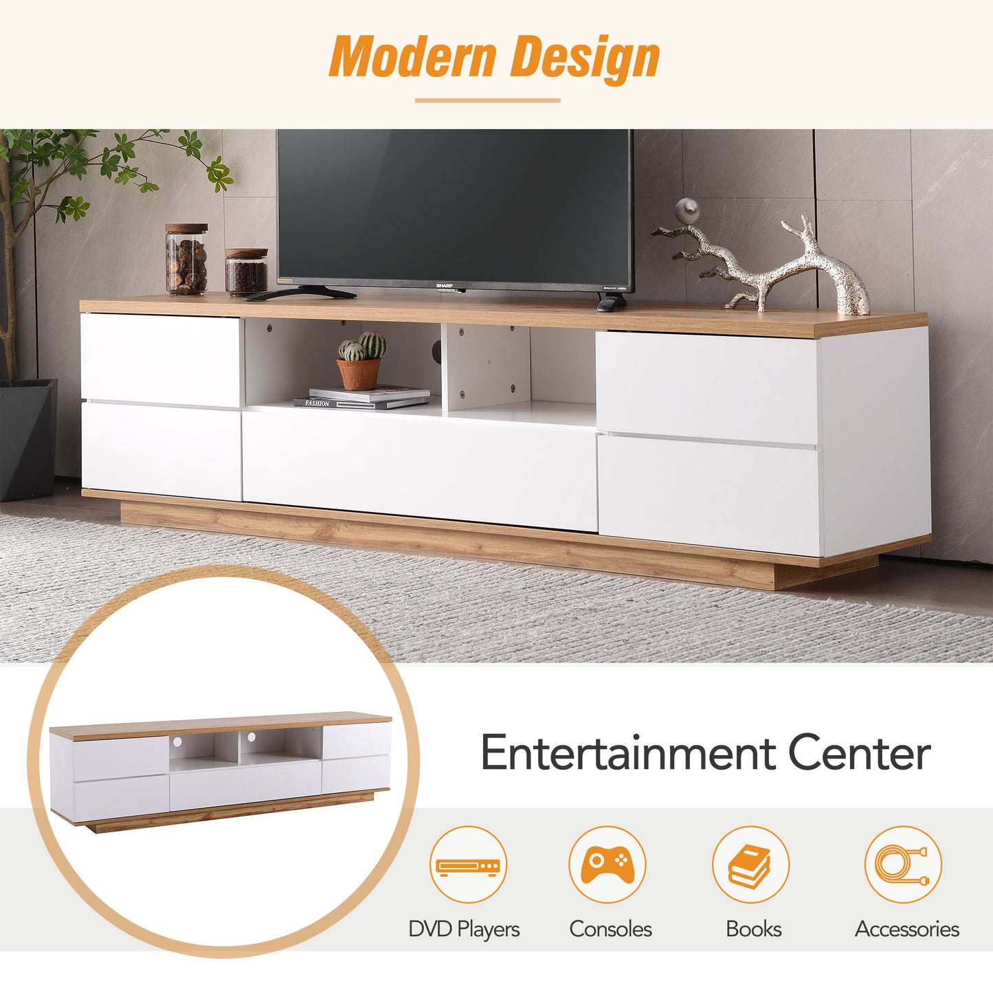 Modern TV stand for TVs up to 80'' , Media Console with Multi-Functional Storage, Entertainment Center  with Door Rebound Device, TV cabinet for living room,Bedroom