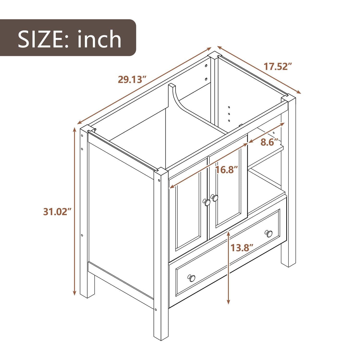 30" Bathroom Vanity Base Only, Solid Wood Frame, Bathroom Storage Cabinet with Doors and Drawers, White