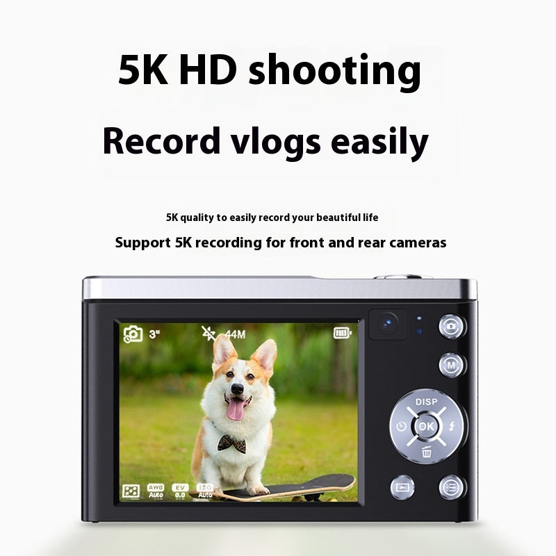 Camera with screen displaying a dog on a skateboard, text about 5K HD shooting and vlogging.