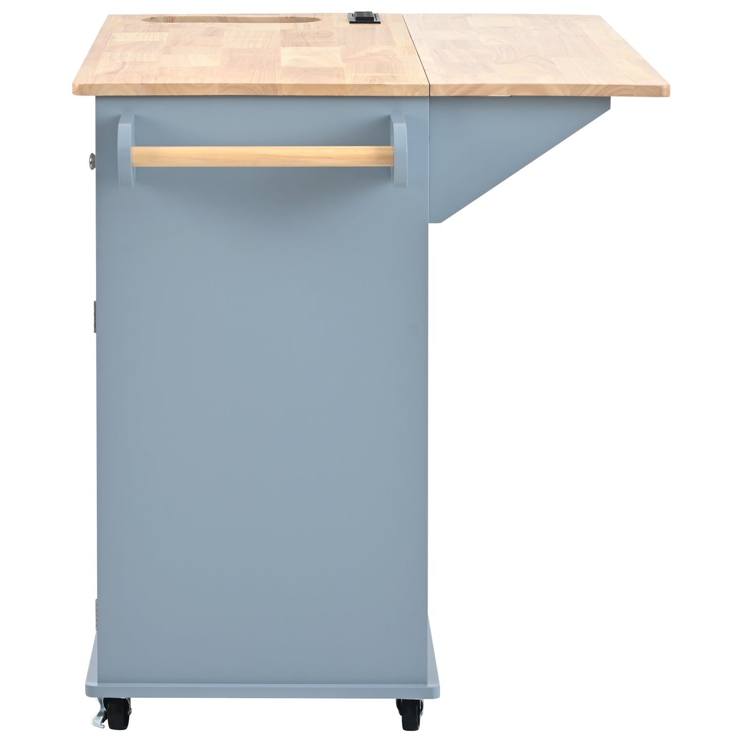 Kitchen Island with Power Outlet,Kitchen Storage Island with Drop Leaf and Rubber Wood,Open Storage and Wine Rack,5 Wheels,with Adjustable Storage for Home, Kitchen, and Dining Room, Grey Blue