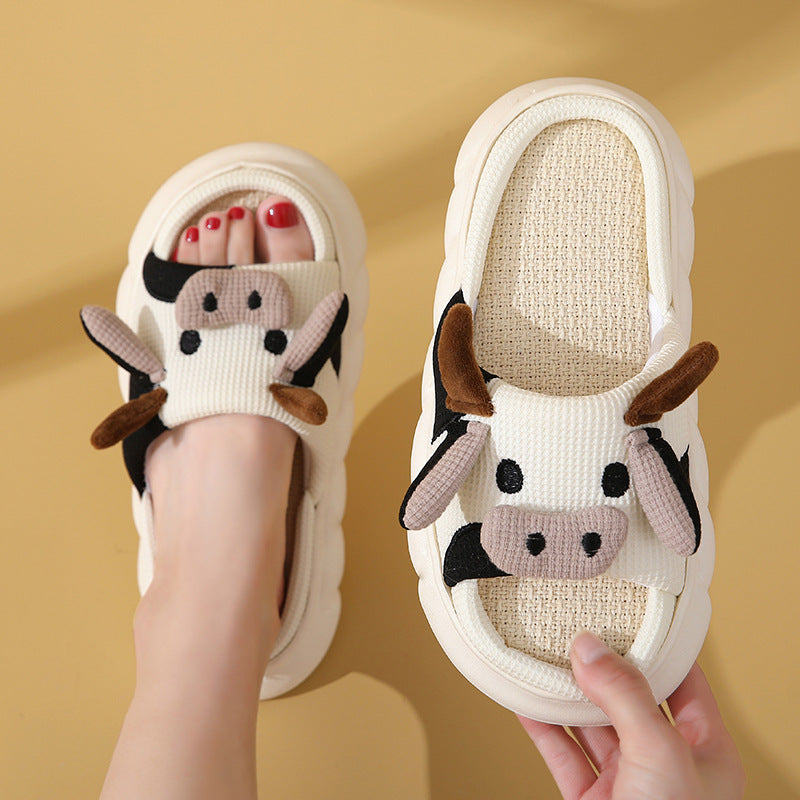 Cute Cartoon Cow Frog Slippers Linen Non-slip Shoes Indoor Garden Home Slippers. Raee-Industries.com