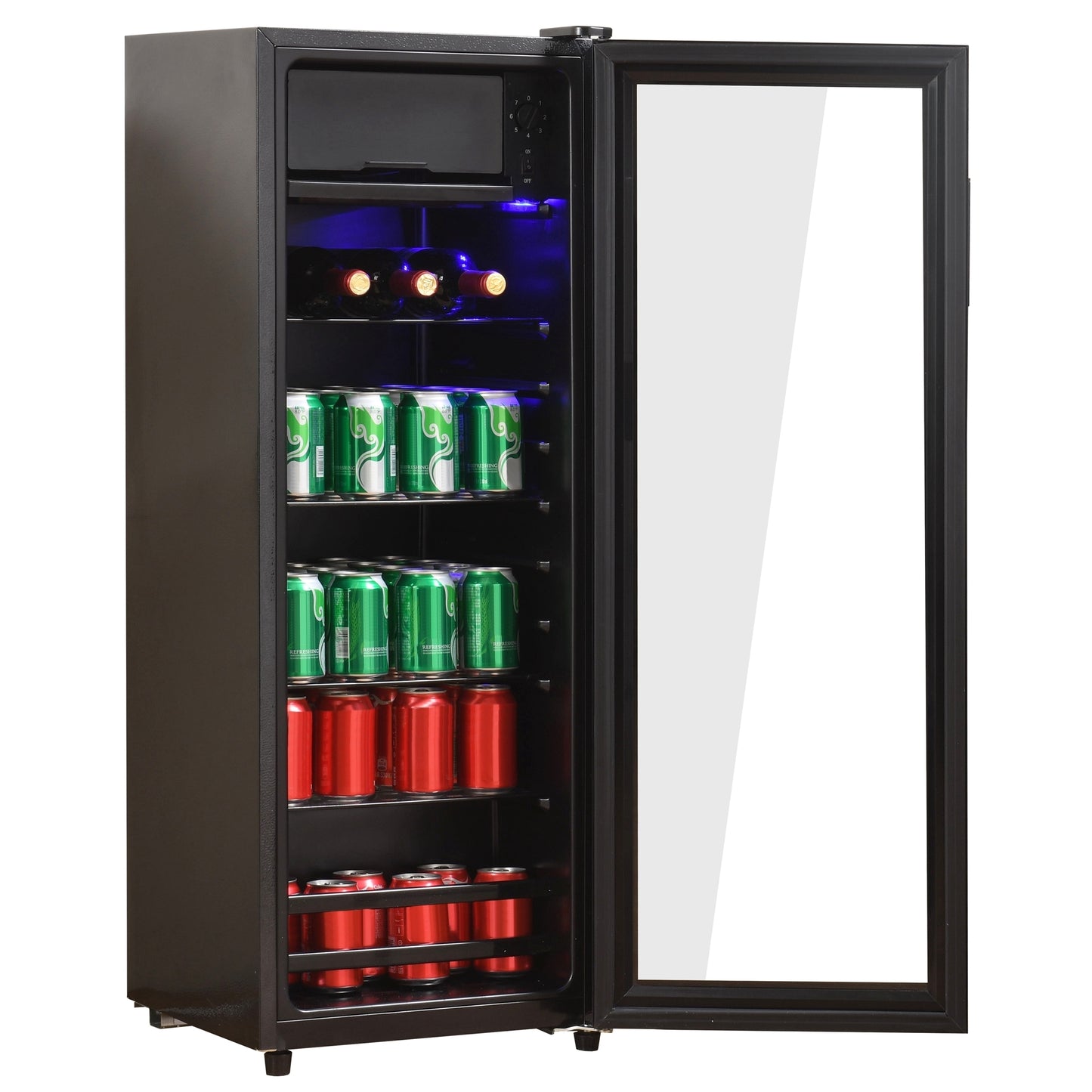 4.5Cu.ft mini fridge, 0.3Cu.ft freezer, up to 94 cans of soda, beer or wine. Silent, high-efficiency and energy-saving compressor, LED lighting, 16.10"×15.70"×43.10", home, RV, apartment, office, etc.