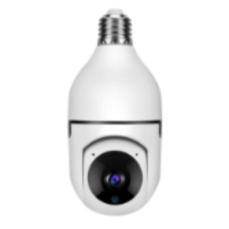 White security camera designed like a light bulb on a white background