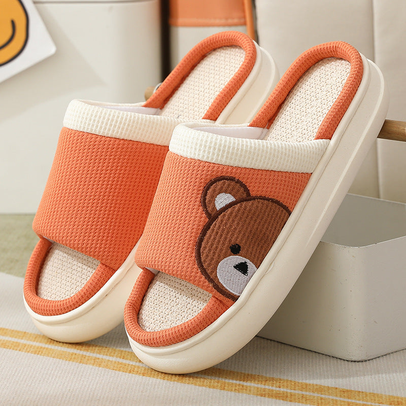 Cute Cartoon Bear Linen Slippers For Women Indoor Non-slip Sweat-absorbent Breathable Slip On Floor Bedroom Slipper House Shoes. Raee-Industries.